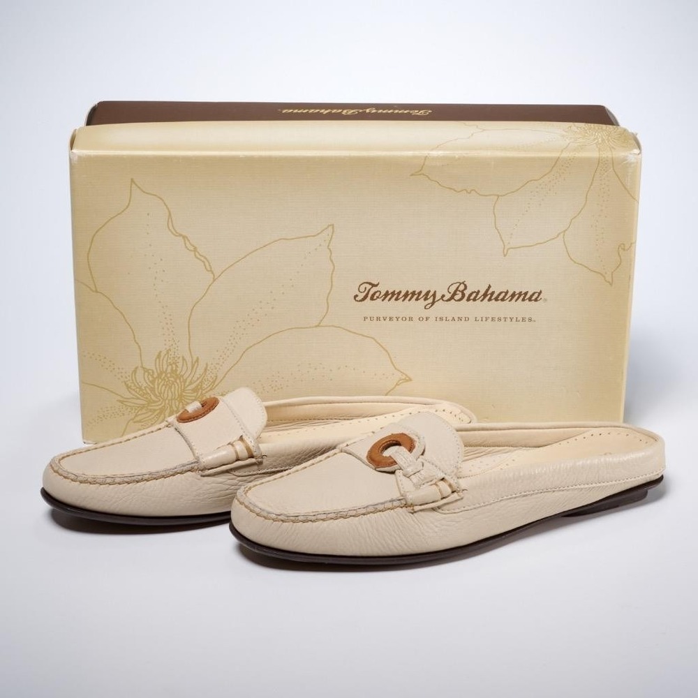 Tommy Bahama Tan Beige Soft Leather Slip on Mule Slipper Shoes in Box